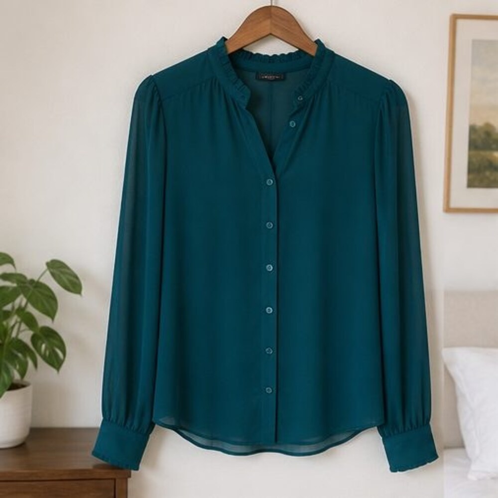 Teal Ruffle Collar Blouse